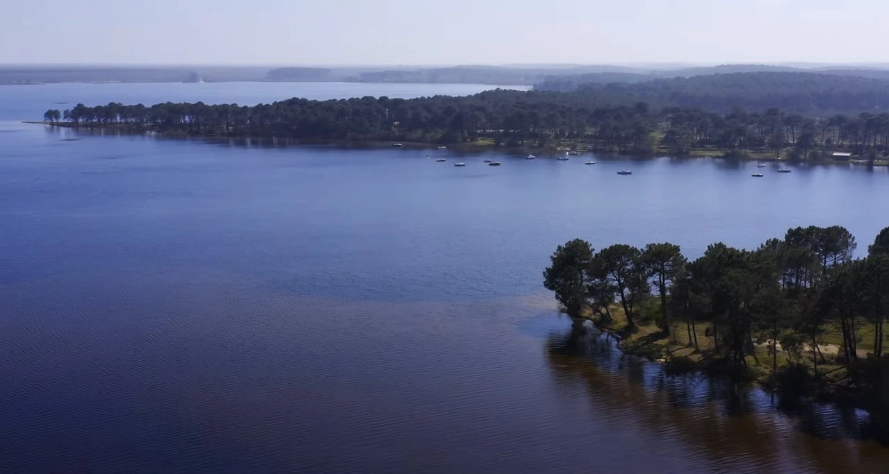 Vue paisible sur le lac de Lacanau, offrant un paysage préservé typique de la côte atlantique avec ses berges boisées.