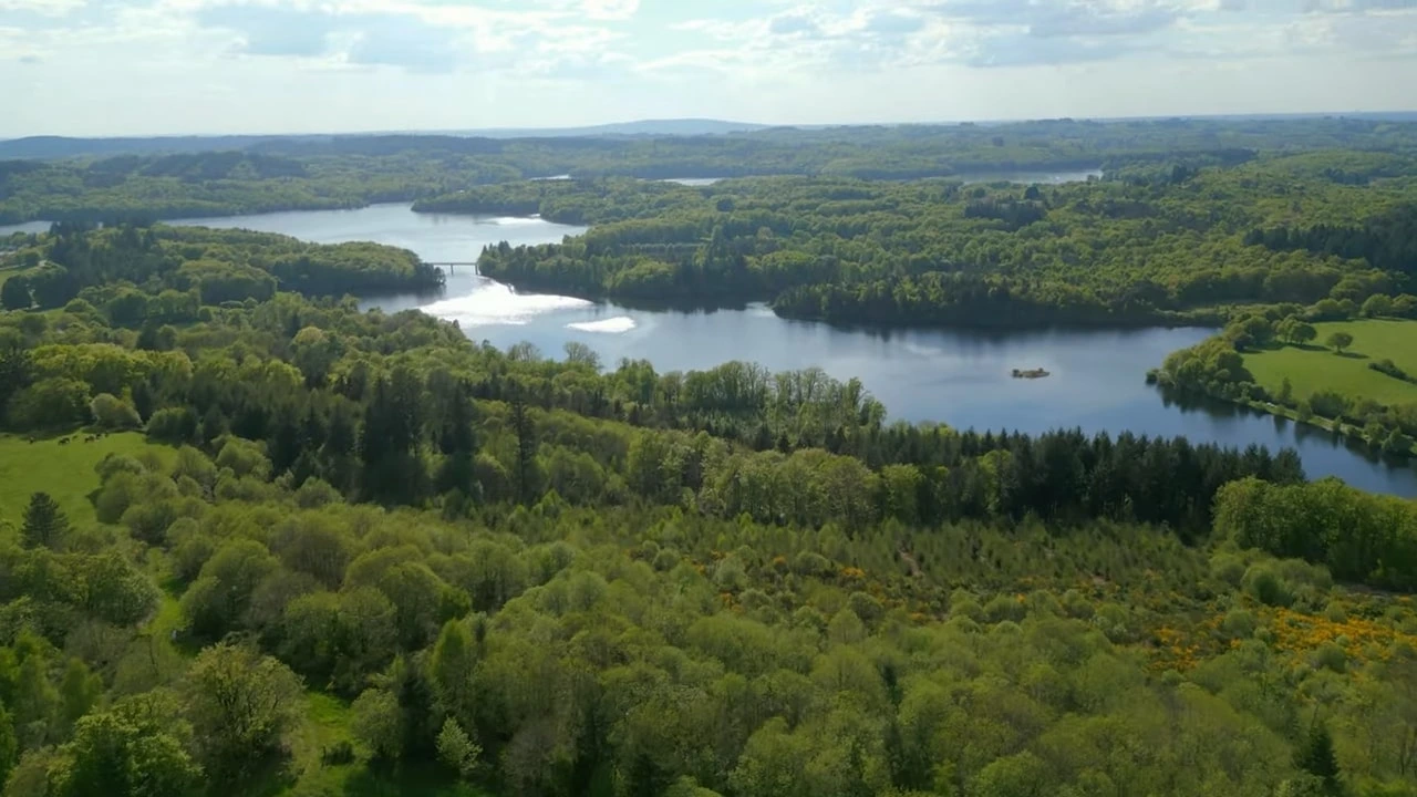 Vue d'ensemble du lac de Saint-Pardoux en Haute-Vienne, un plan d'eau artificiel niché dans un écrin de verdure et de forêts vallonnées.